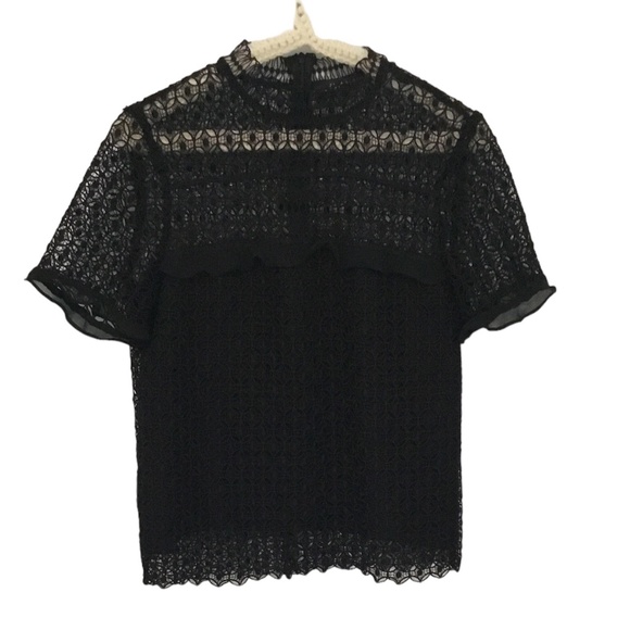 Zara Tops - Zara women small black top with zip on back, crochet/mesh overlay. Pre owned